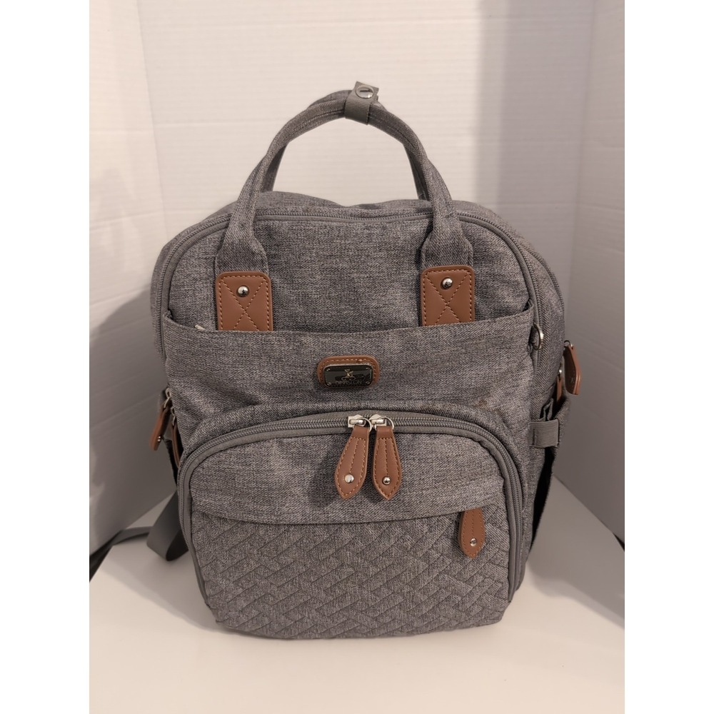 DIKALSLON Gray w/Brown Trim Backpack/Baby Bag Large‎ Pockets Galore
